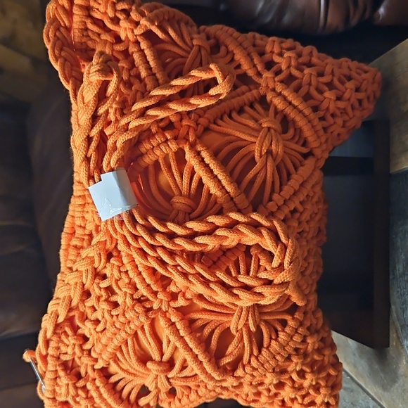 Sunset Orange Knit Macrame Purse Coastal Boho Chic Tassel Crossbody Purse - Picture 3 of 6